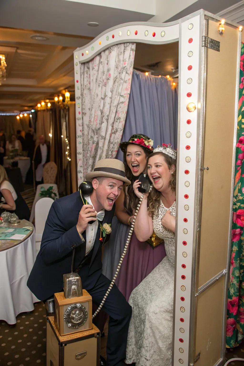 Guests relish a retro snapshot station at a vintage wedding.