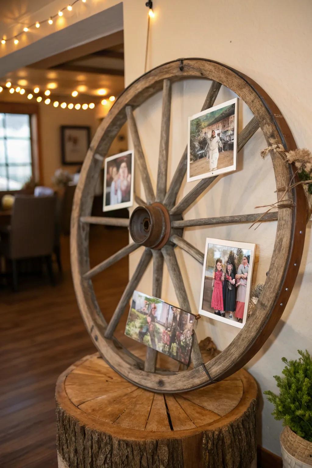 A cartwheel transforms into an appealing frame for treasured recollections.