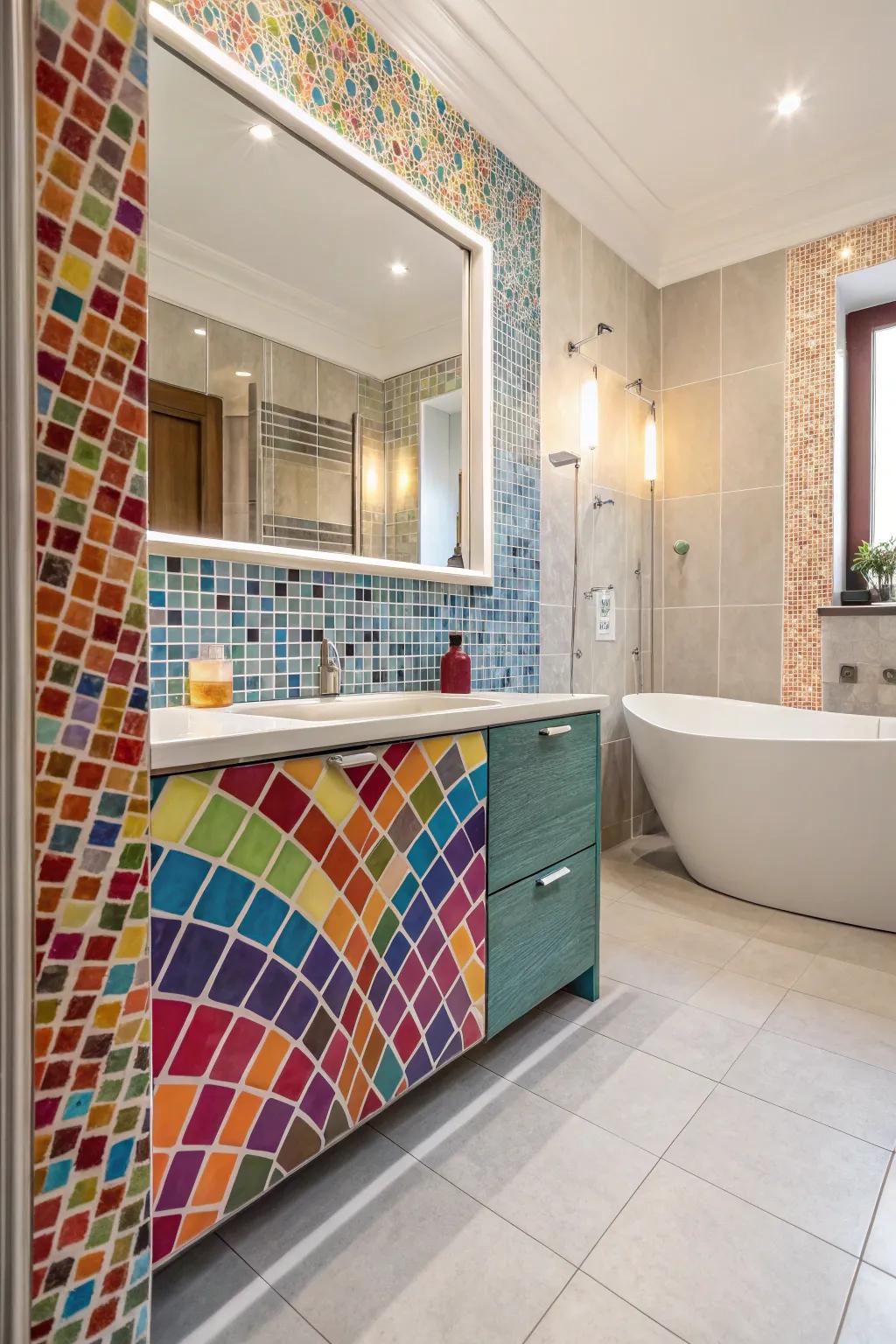 Mosaic tiles transform wainscoting into a showpiece of color and creativity.