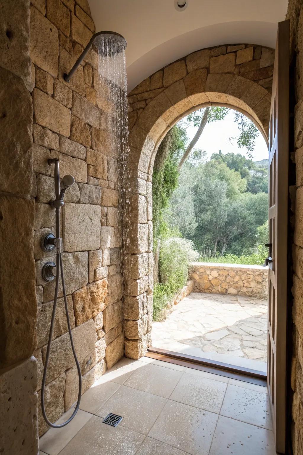 Shower with arched rock doorway and natural illumination.
