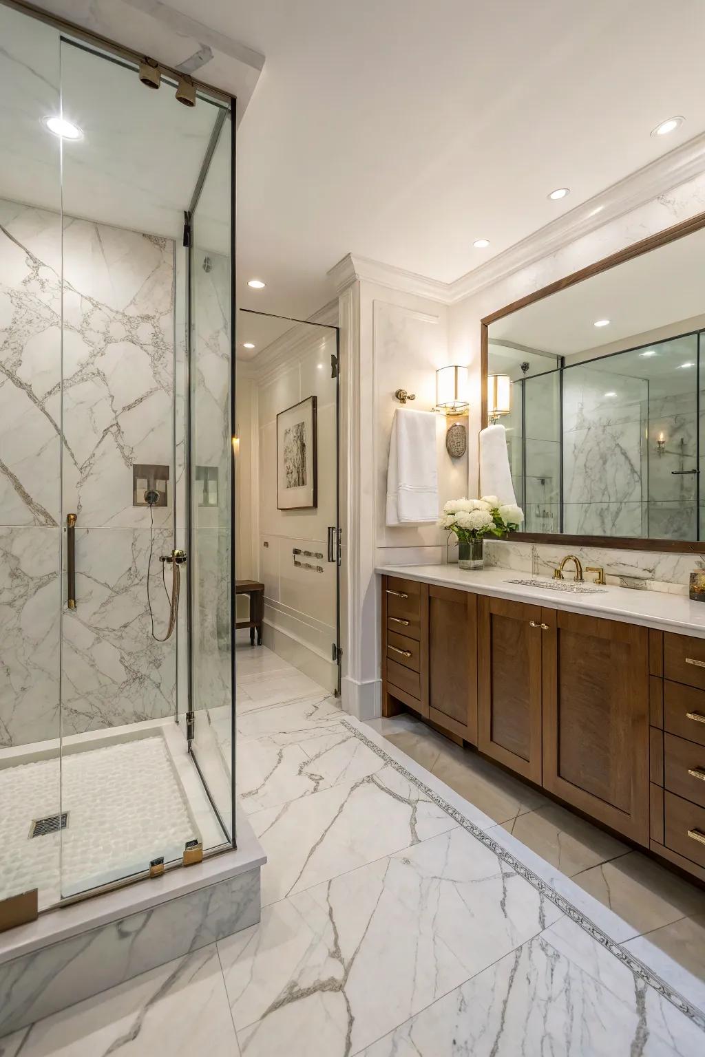 Stone squares create a luxurious and elegant shower space.