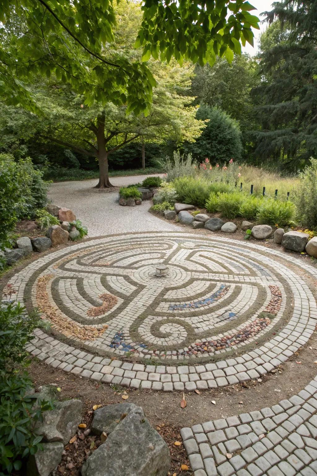 A shingle art labyrinth transmutes pathways into artistic tapestries.