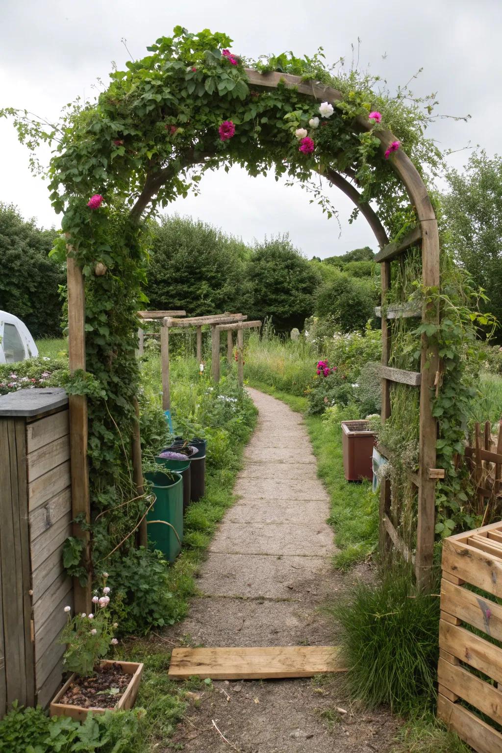 Eco-conscious arches manifest ingenuity and sustainability in garden design.