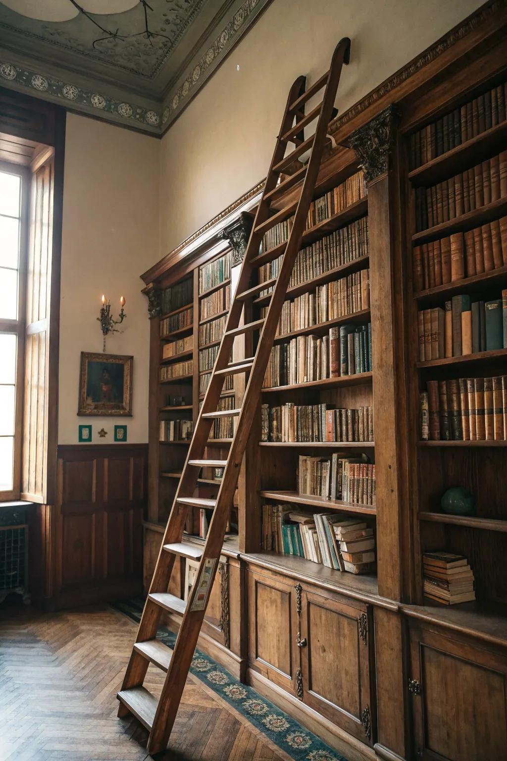 A rolling library ladder brings vintage elegance and practical access to higher shelves.