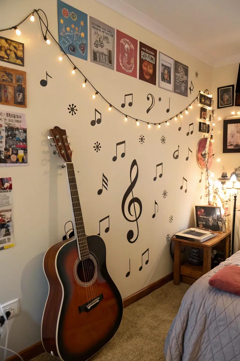 Melodic appliqués infuse harmony into this melody aficionado's bedroom.