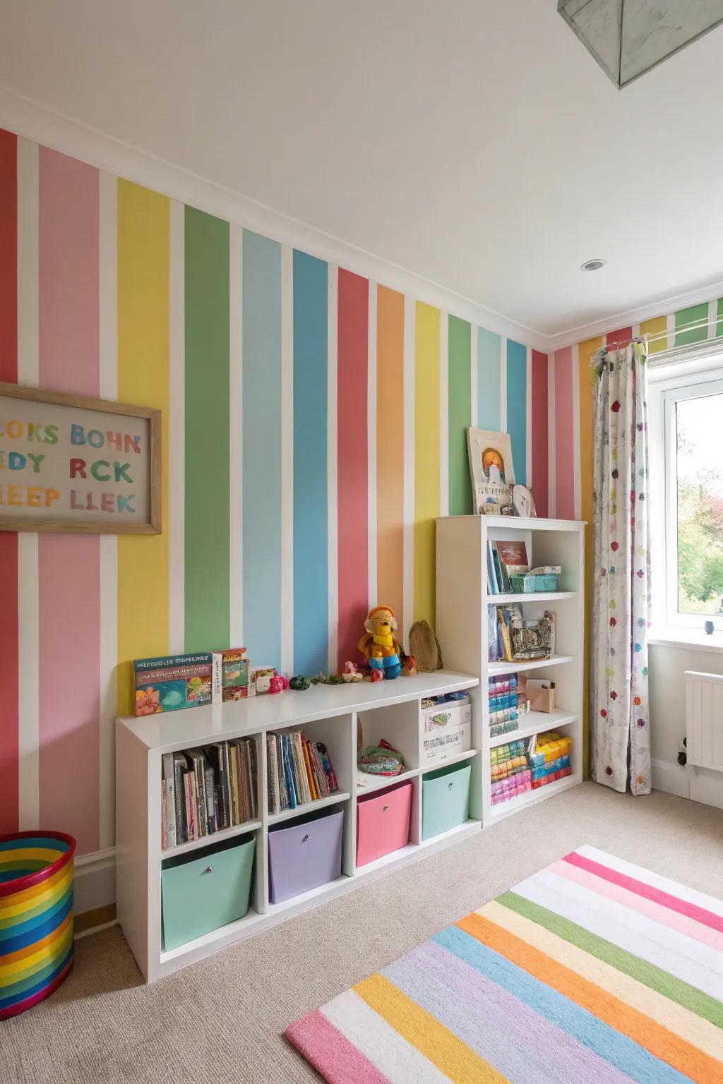 Colorful striped designs introducing playfulness to a children's room.
