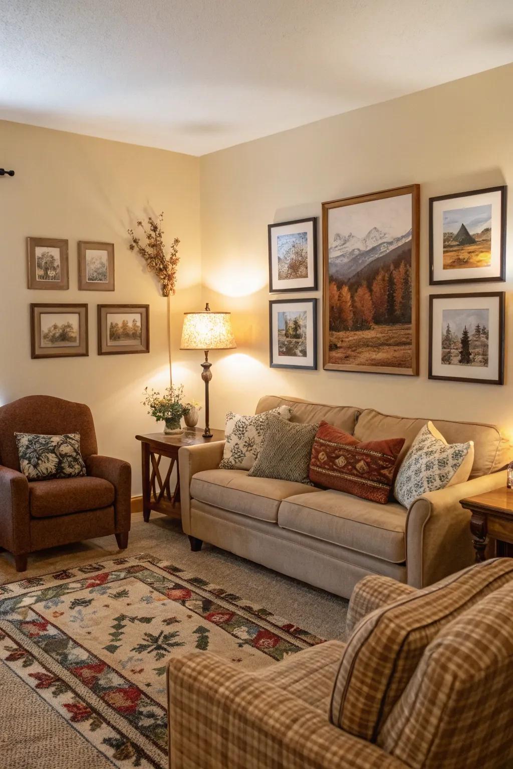 Welcoming art cultivates a warm ambiance for repose.