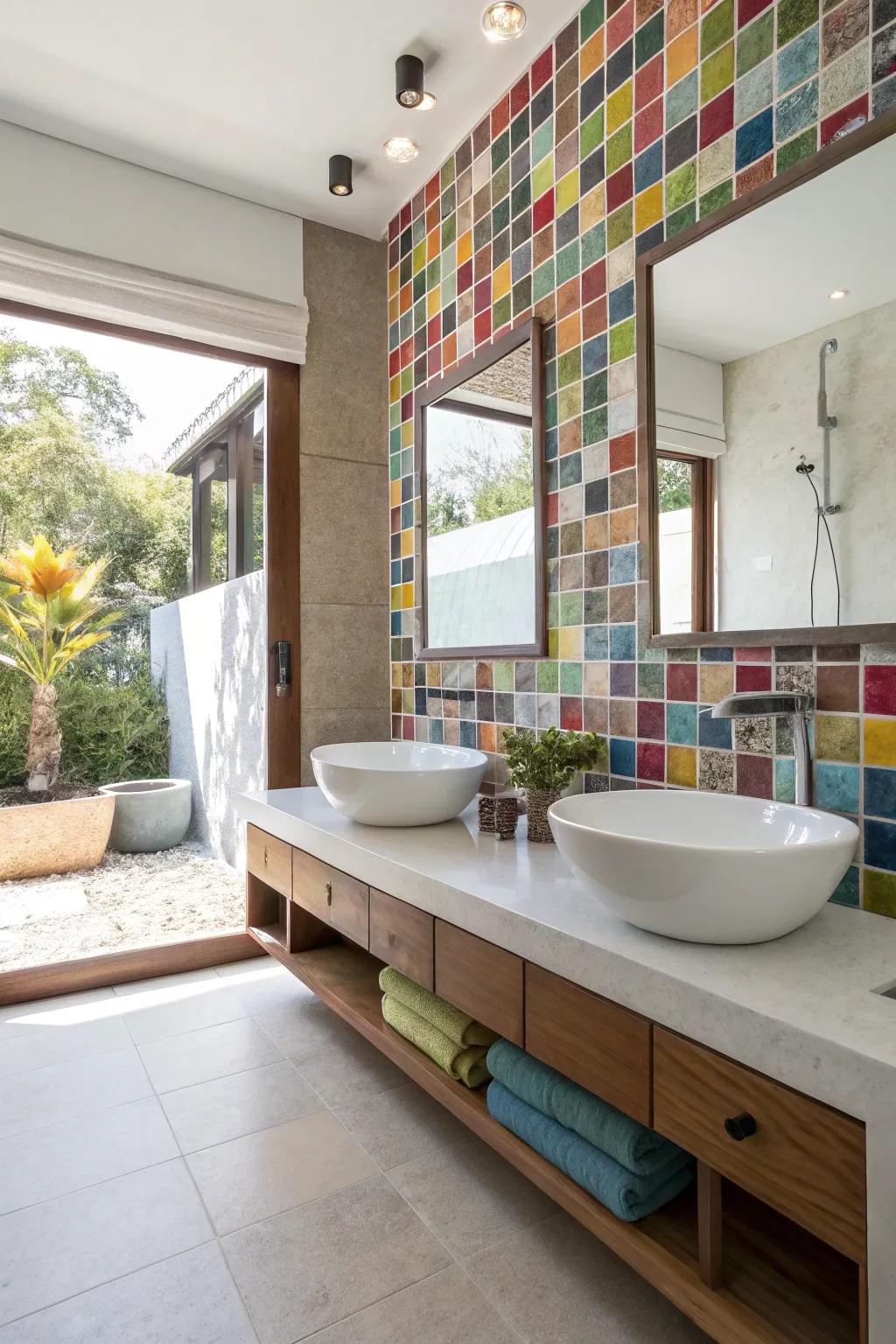 Patchwork walls function as compelling central aspects in bathrooms.