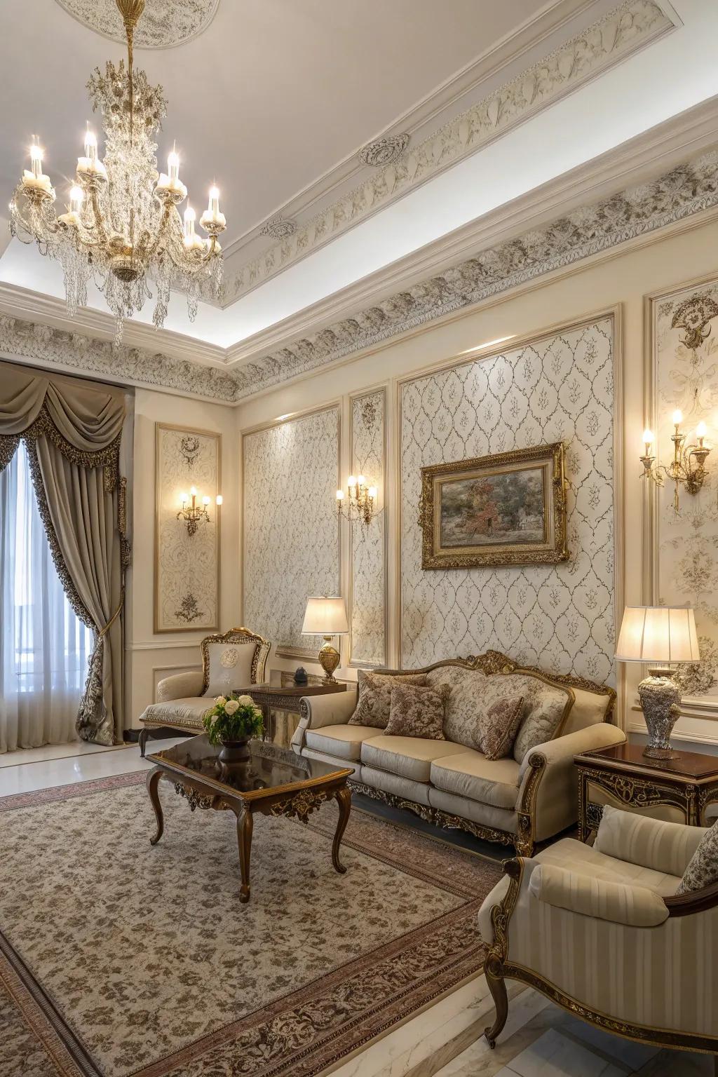 An elegant living room elevated by an ornate wallpaper edging.
