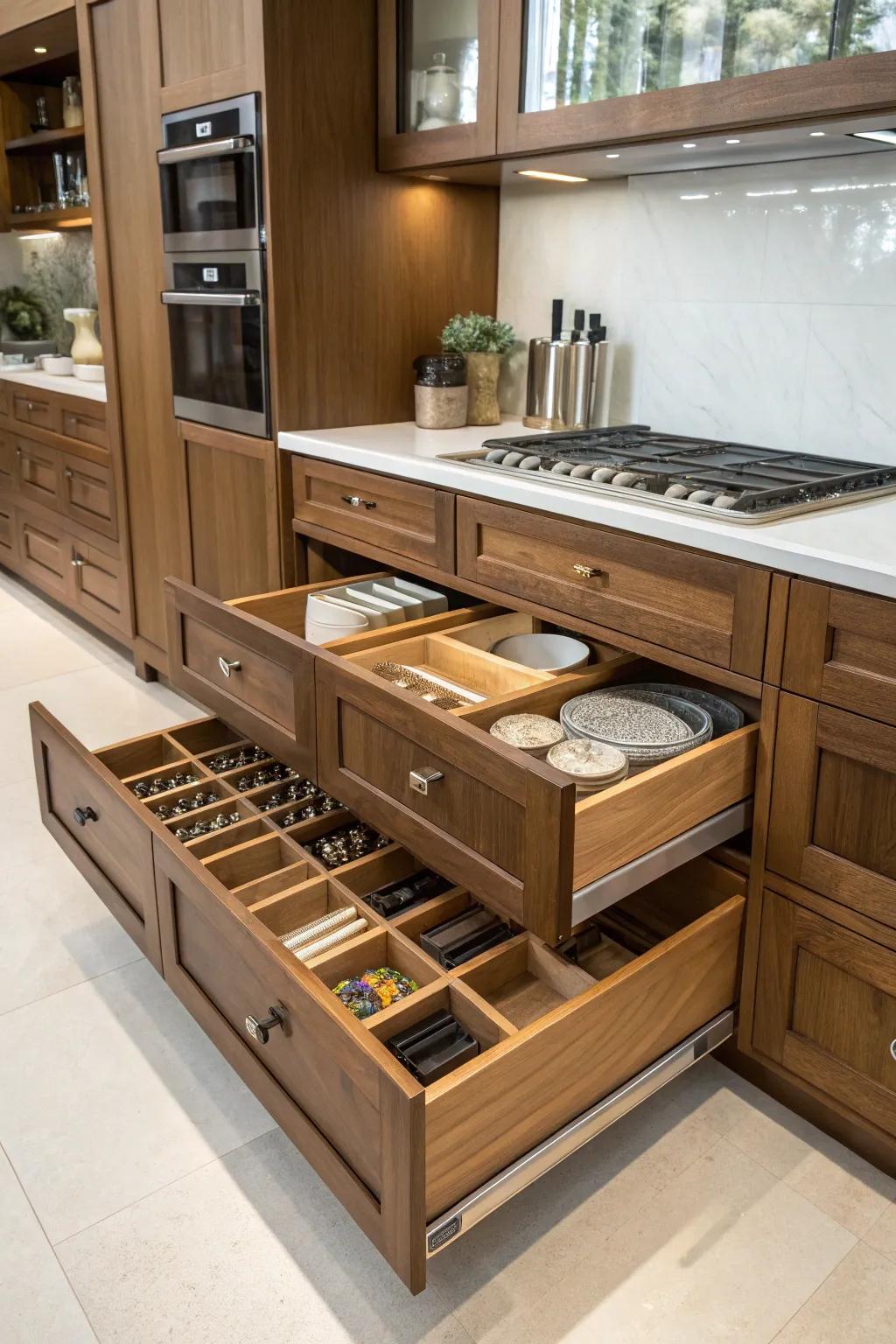 Smart storage keeps your hickory kitchen organized and chic.