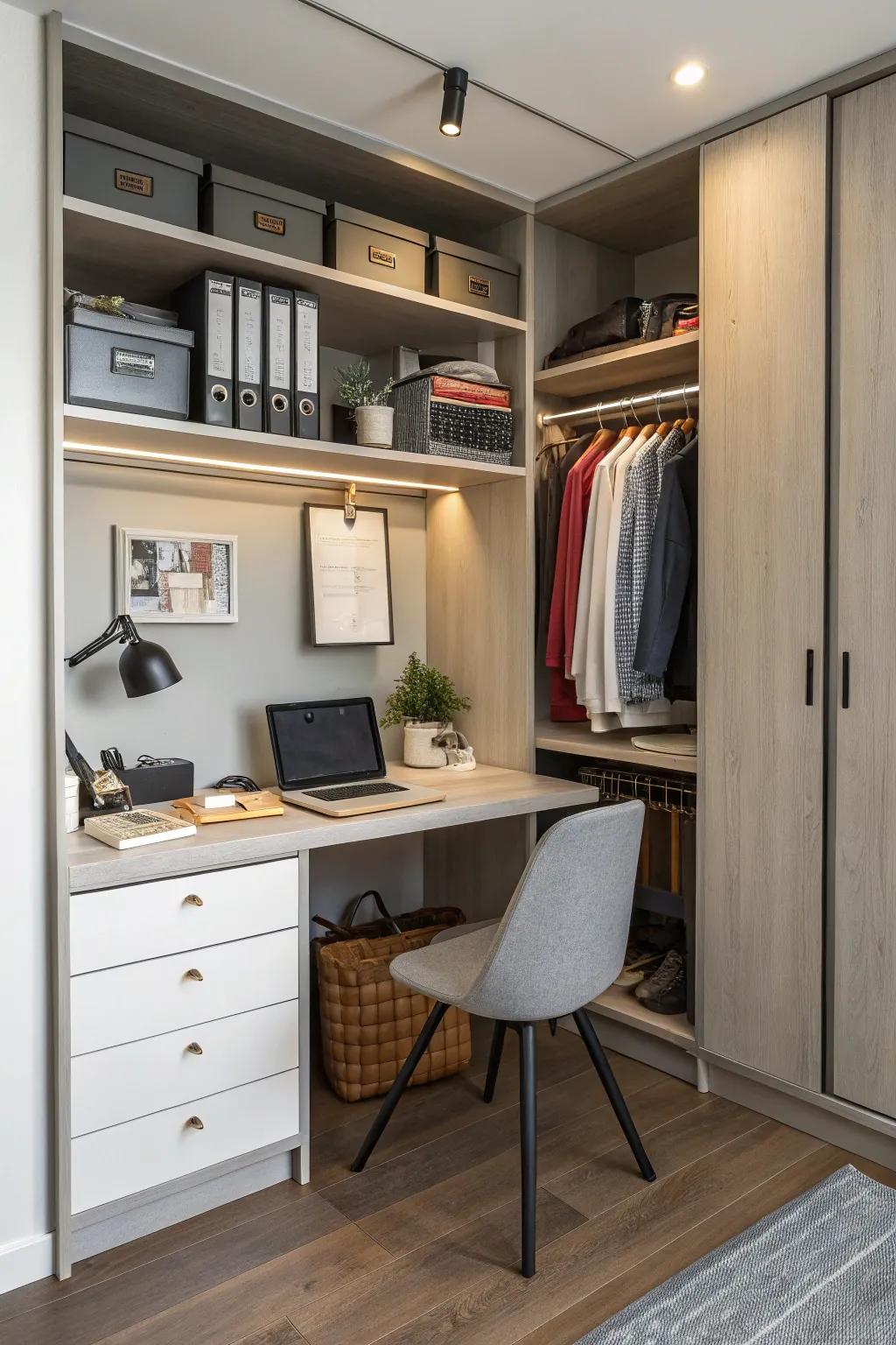 A cloffice combining storage and workspace.