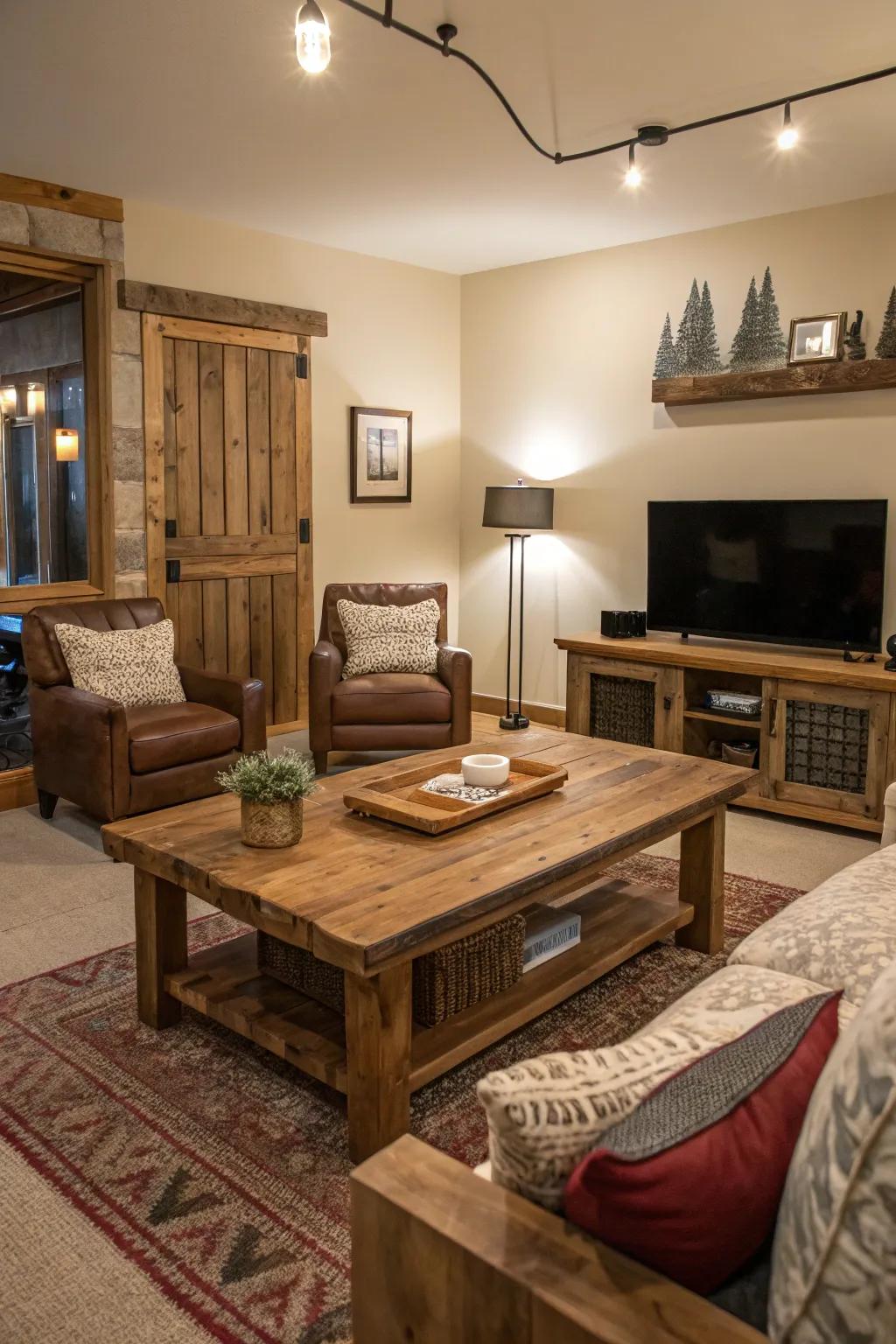 Unrefined wood furniture adds character and warmth.