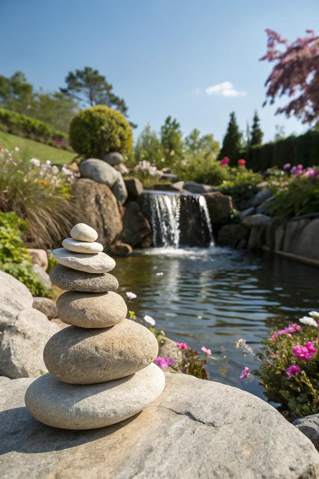 A Zen-inspired garden waterfall featuring meticulously arranged stones.