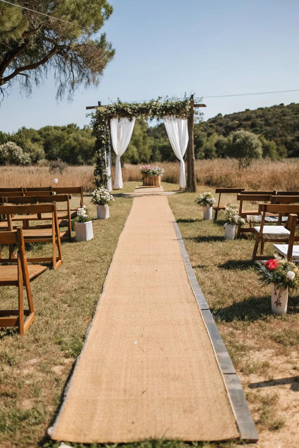 An earthy textured fiber walkway adds texture to an outdoor ceremony.