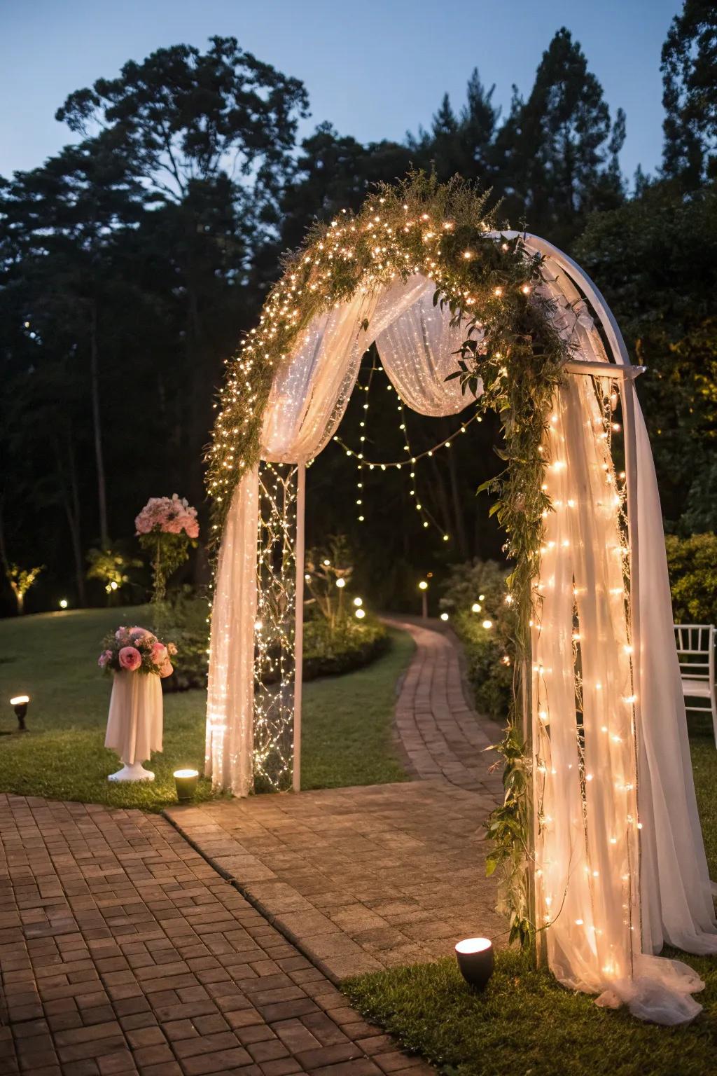 A magical arch with twinkle lights, perfect for nighttime ceremonies.