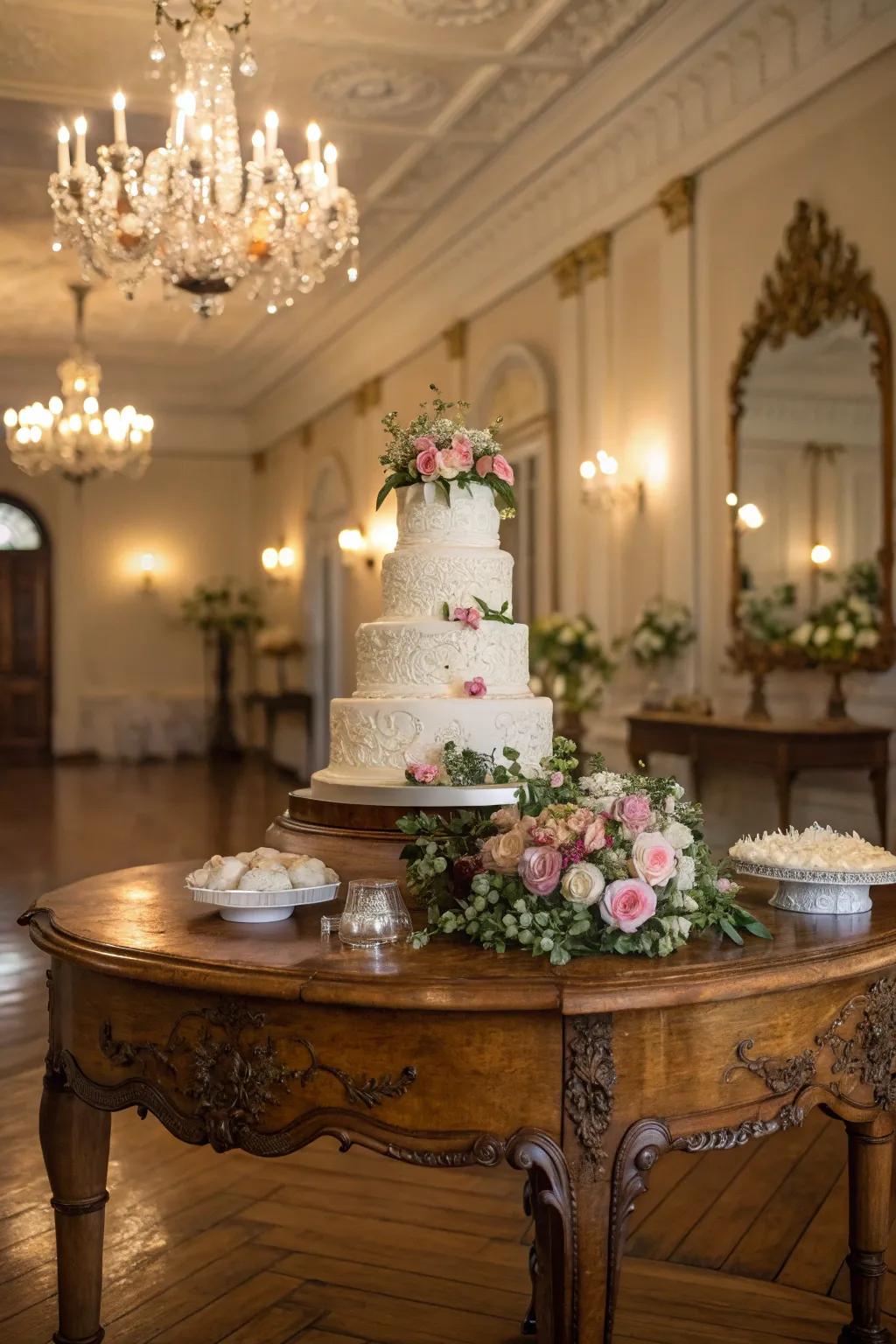 A classic table providing a nostalgic touch to the wedding cake display.