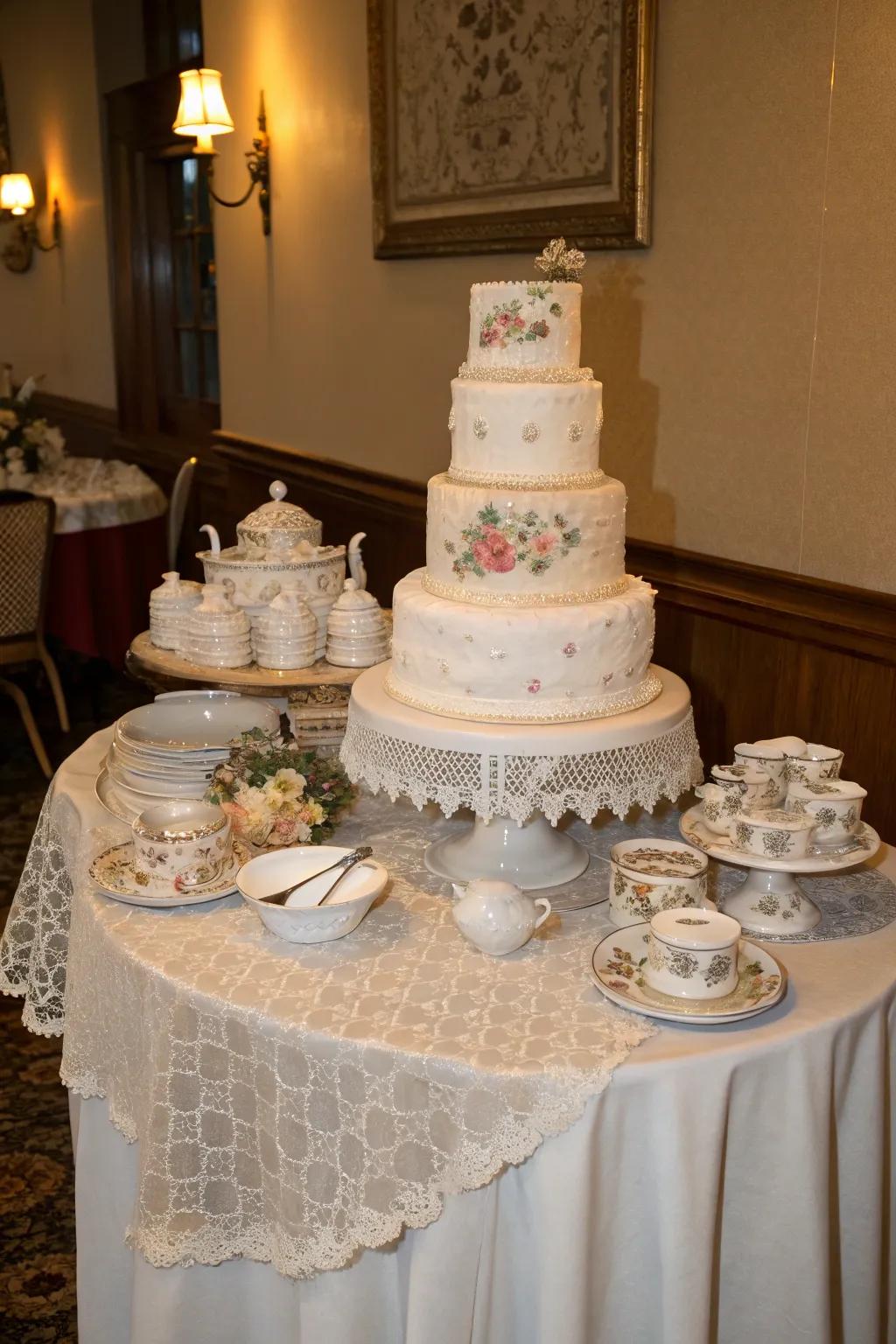 A retro-inspired wedding cake presentation styled with antique lace and crockery.