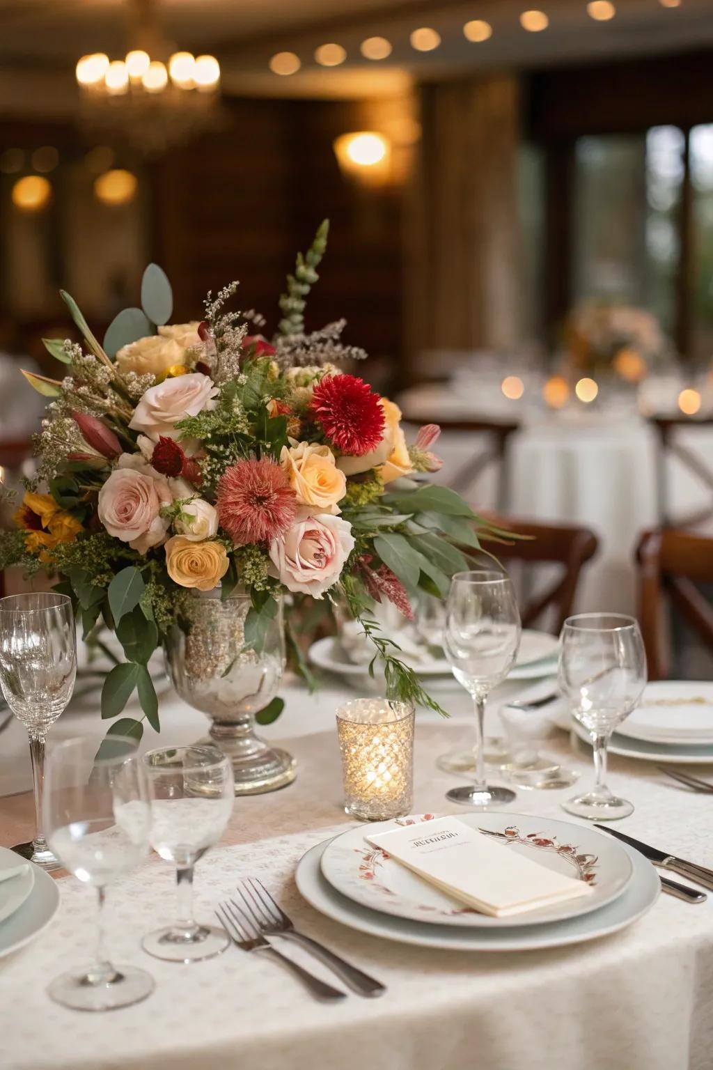Seasonal blooms give rise to a spirited and budget-conscious centerpiece.