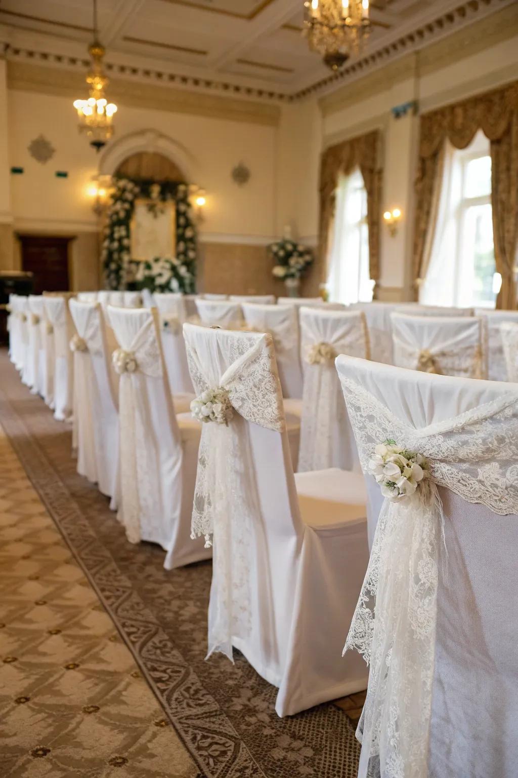 Lace covers infuse any wedding setting with old-world charm.