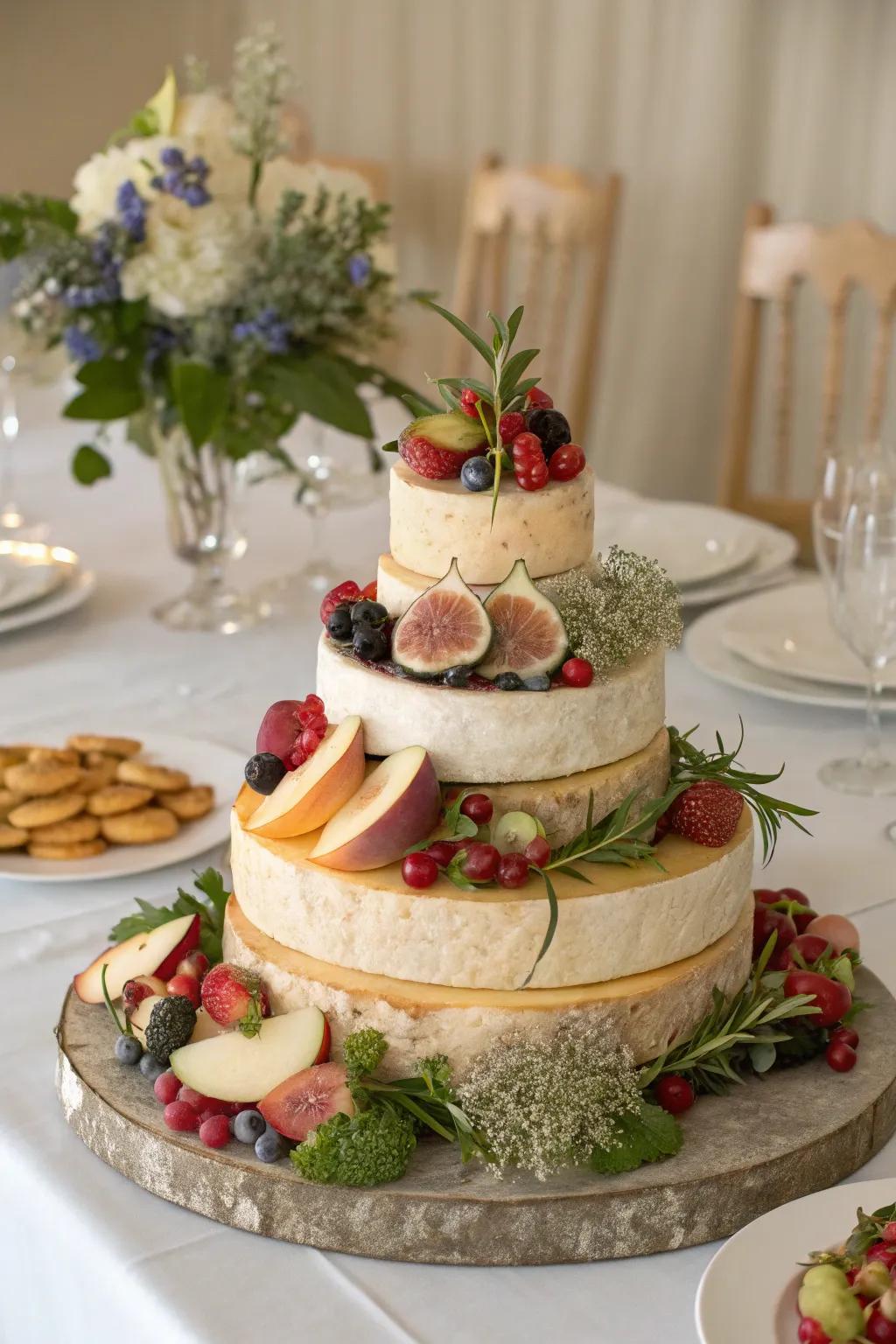 A cheese round confection serves as a distinctive centerpiece.