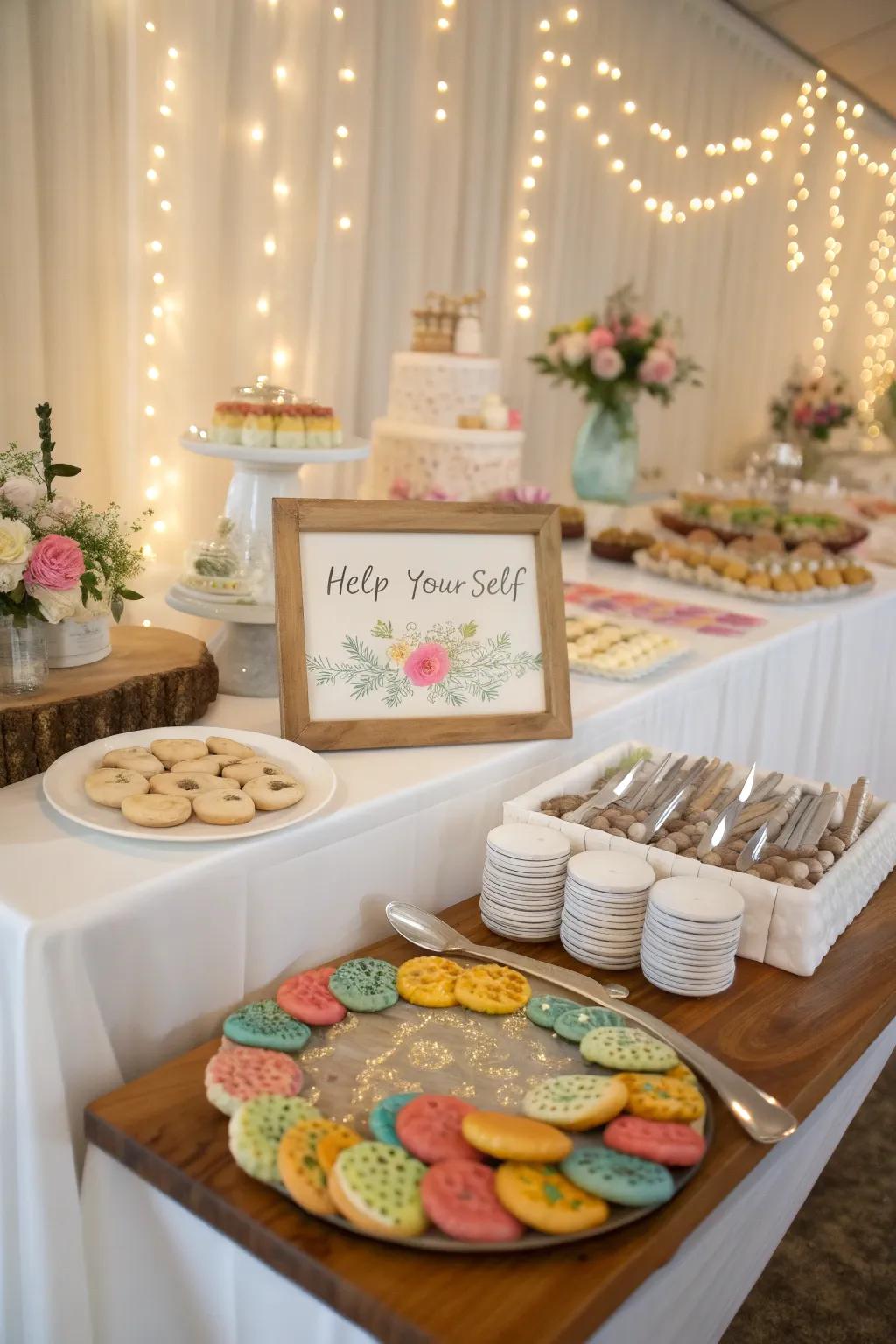 An interactive wedding cookie arrangement where attendees can pick their treats.