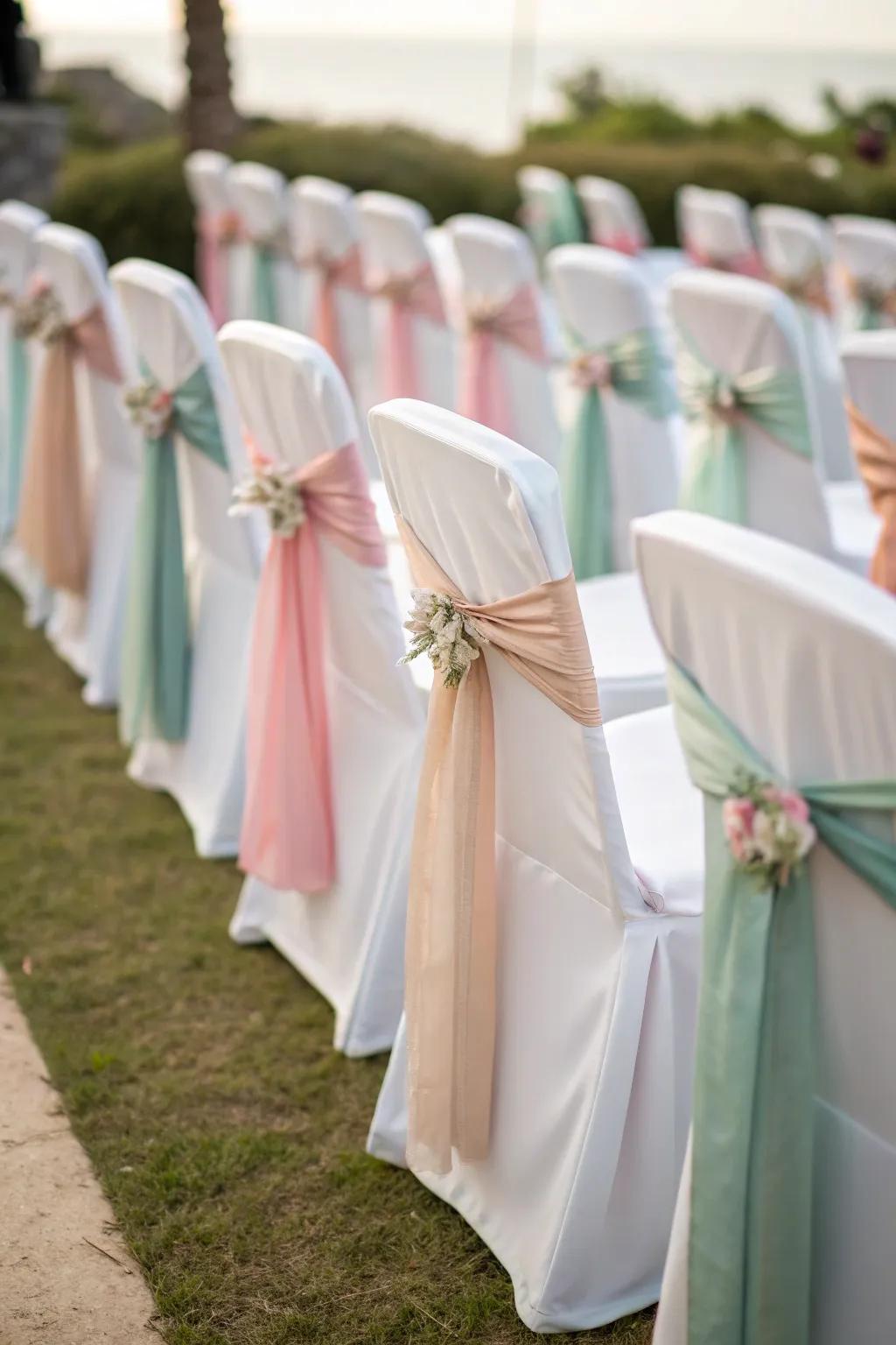 Wedding chairs adorned with decorative bands, adding elegance to the seating.