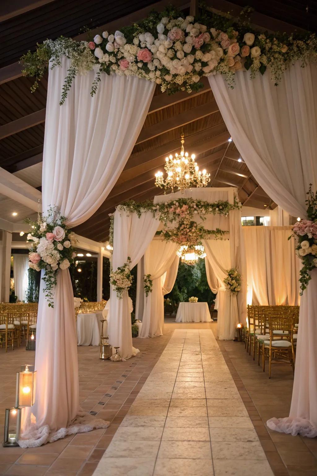 Enhance your venue with drapery adorned with romantic blossom accents.
