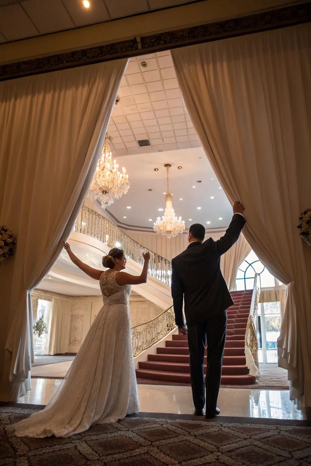 A grand curtain unveiling amplifies the drama of the couple's entrance.