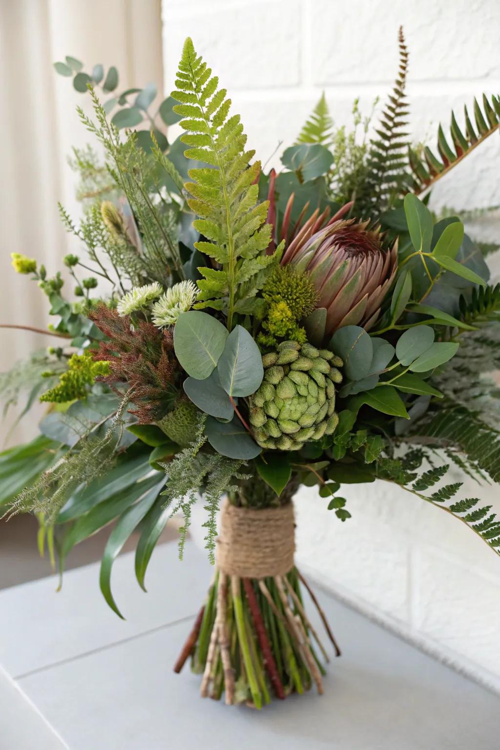 An elegant greenery bouquet featuring mixed textures.