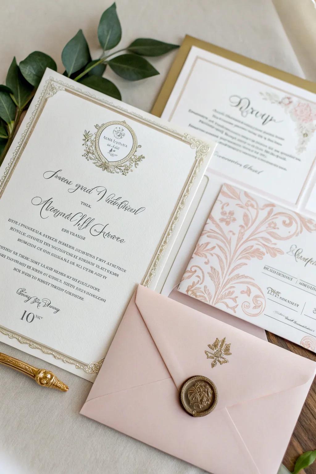 Paper product group featuring a matching invite, reply card, and envelope.