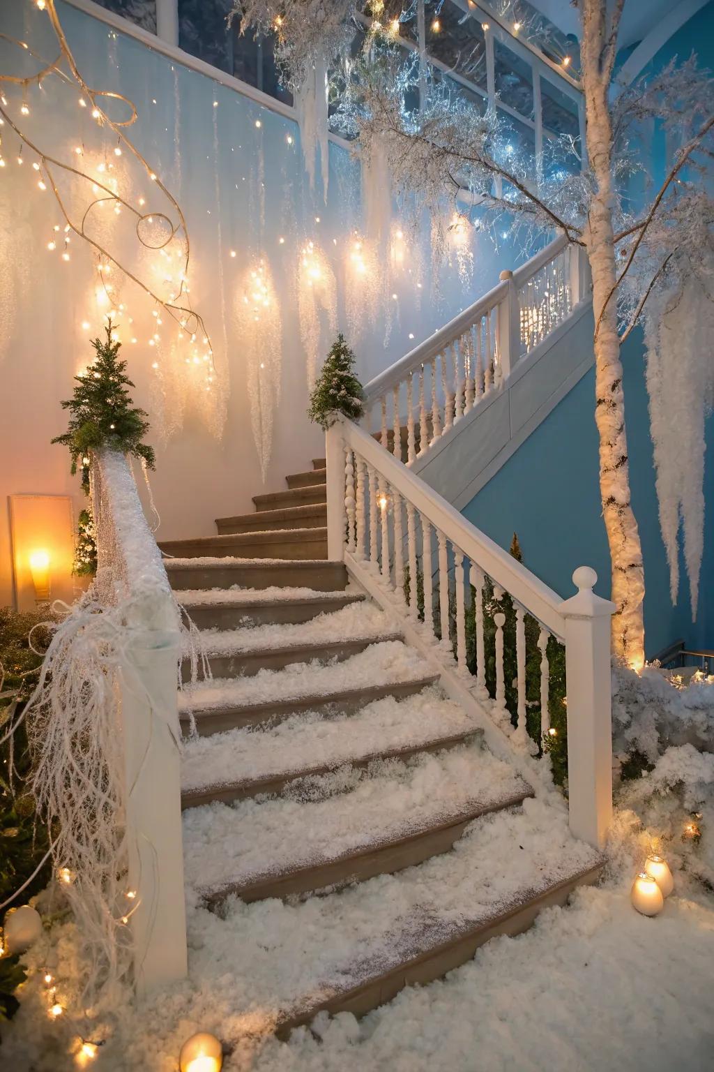 A wintry wonderland theme imparts a mystical, seasonal accent to this staircase.
