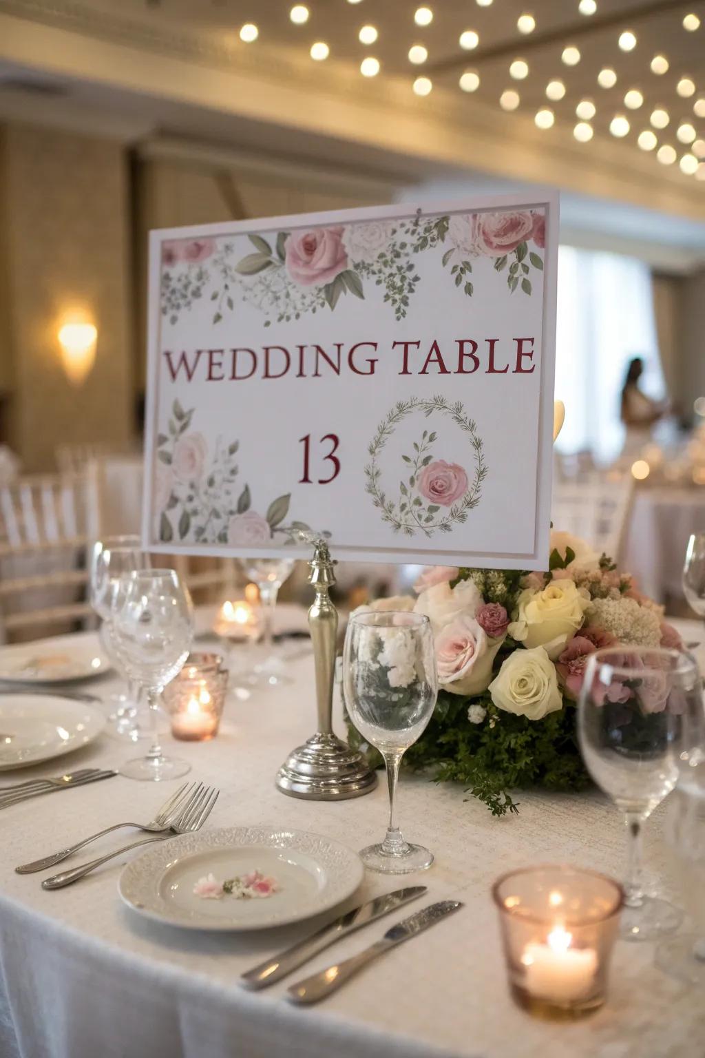 Thematic table markers elevate the comprehensive wedding ornamentation.