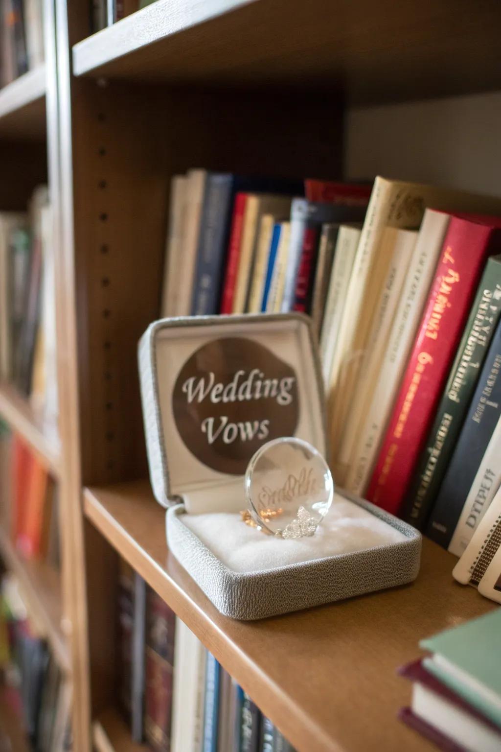 Enduring etched crystal vows as a bookshelf centerpiece.