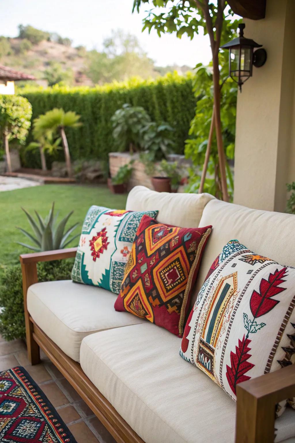 Toss cushions contribute hue and leisure to patio seating.