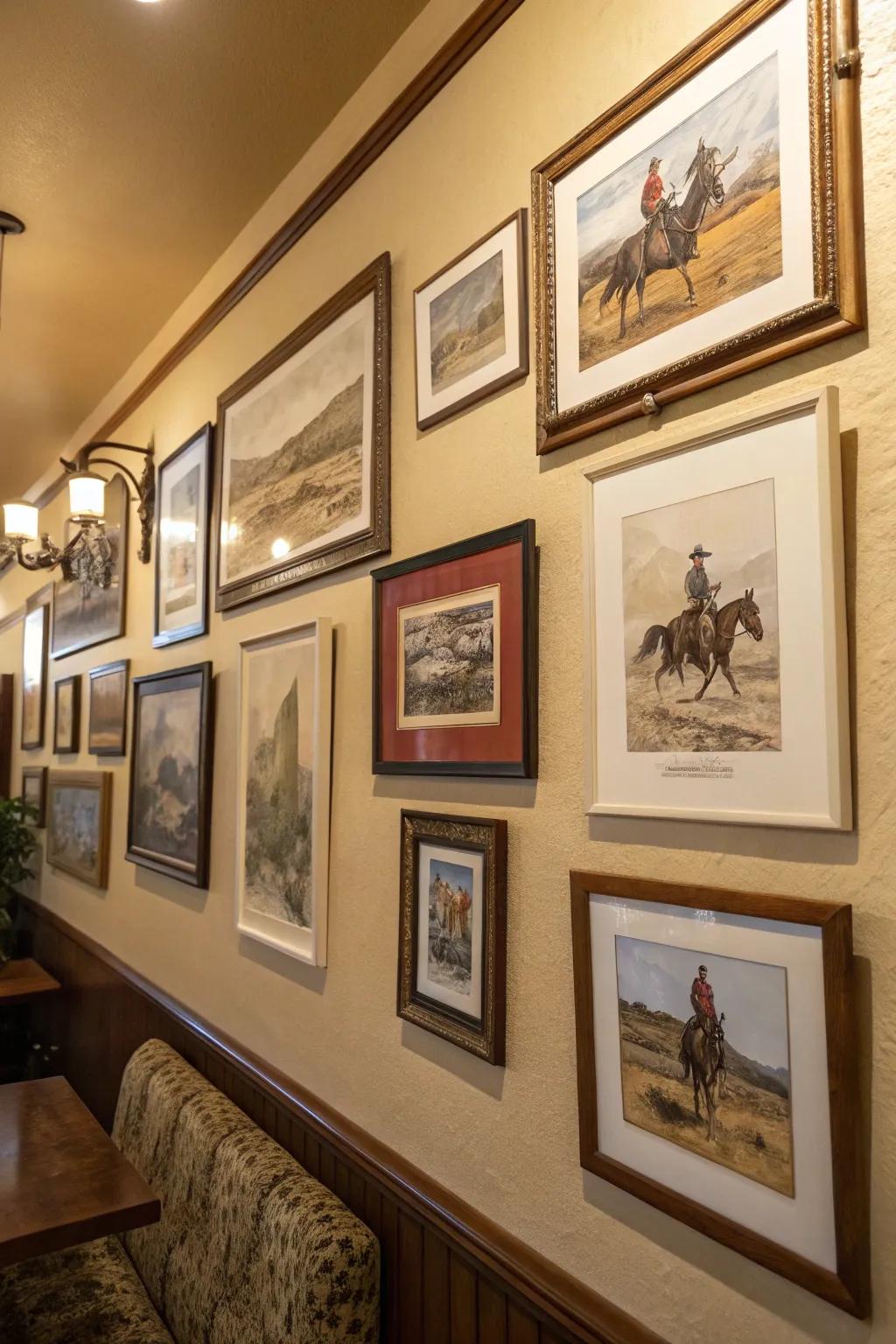 Collection of vintage Western prints displayed in frames.