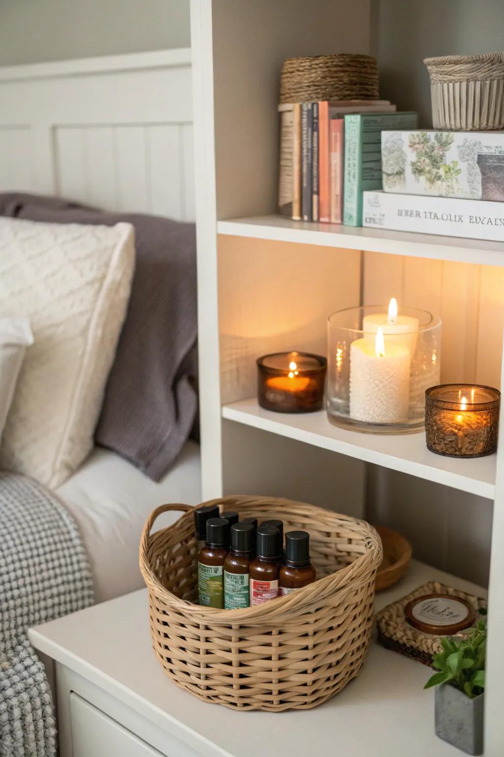 An aromatherapy basket enhances relaxation within your bedroom.