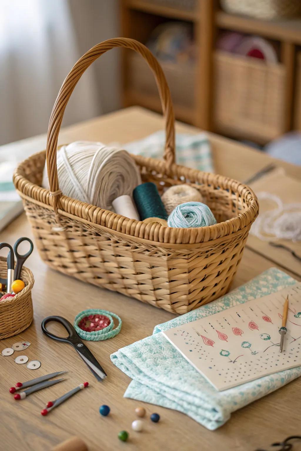 A basket housing crafting accouterments sustains your creative area systematized and ripe for inspiration.