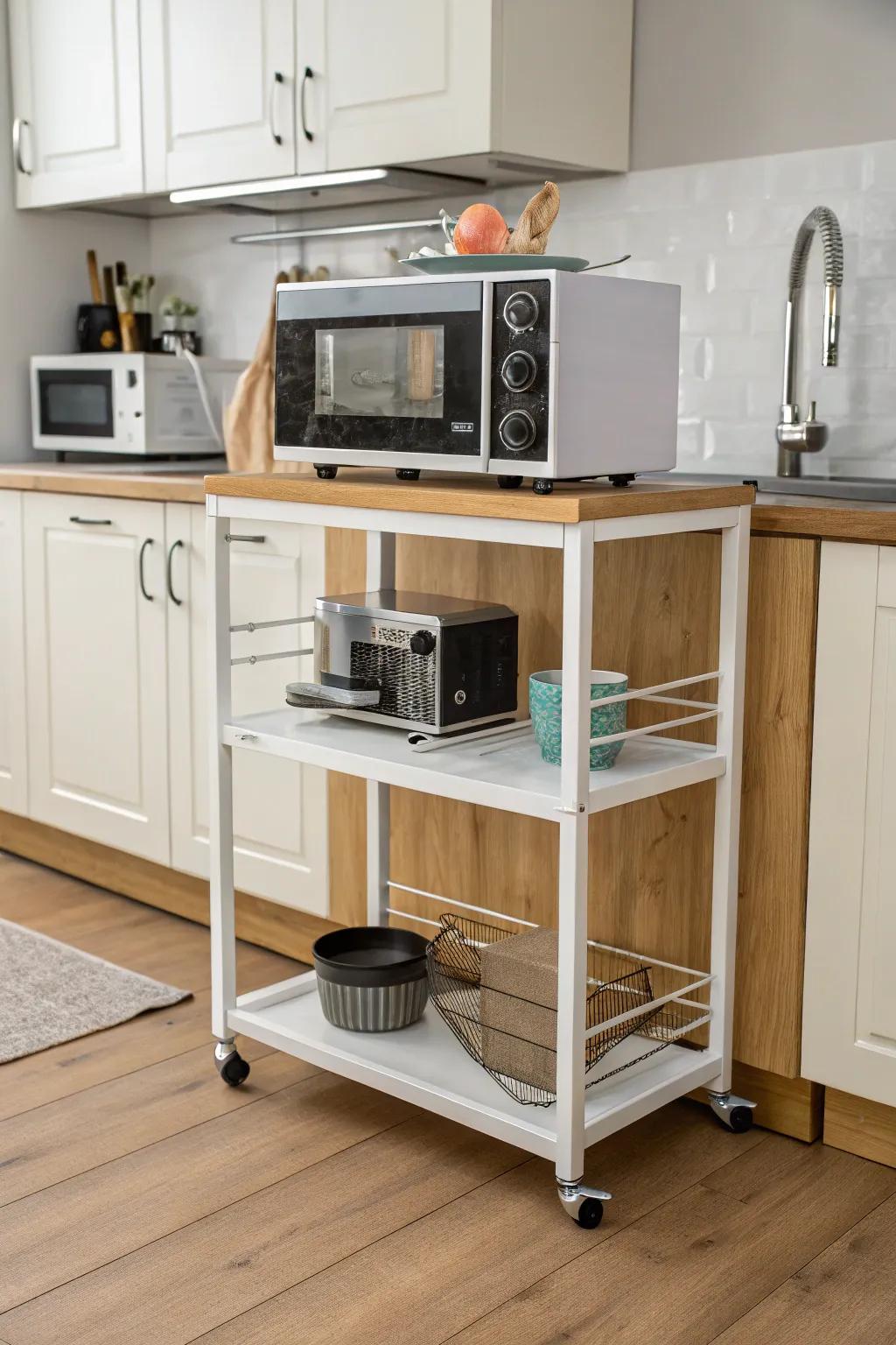 A stylish cart provides mobility and extra storage for your quick cooker.