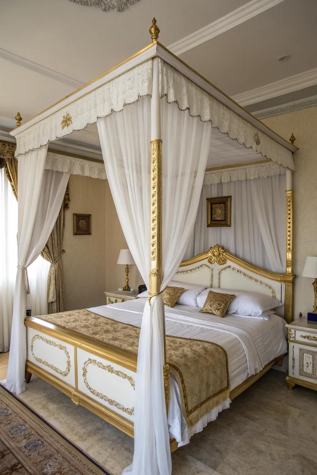 A delicate canopy bed imparts striking elegance.