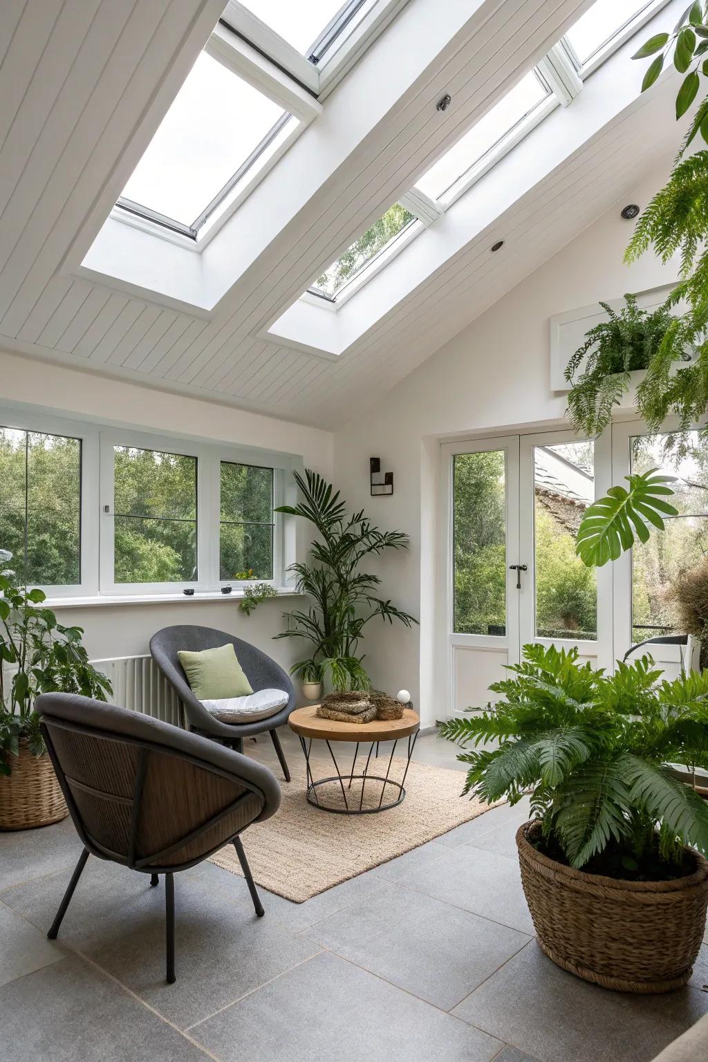 A room showing off a white ceiling and skylights, bringing in loads of natural light.