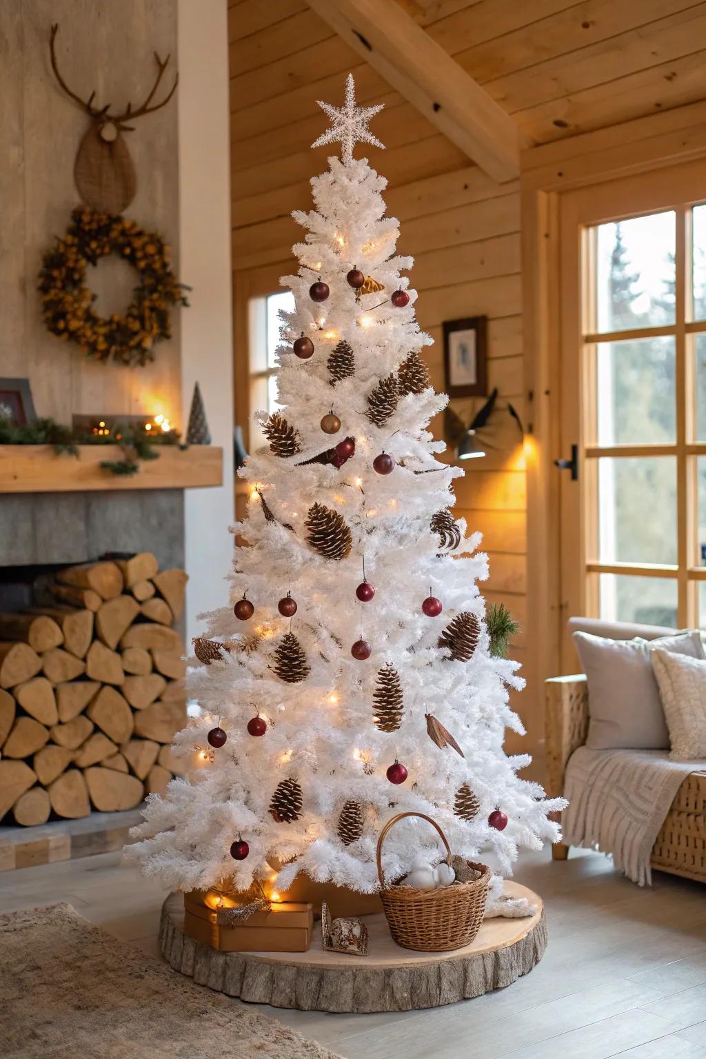 A nature-inspired tree adorned with cones and avian ornaments, highlighting earth’s splendor.