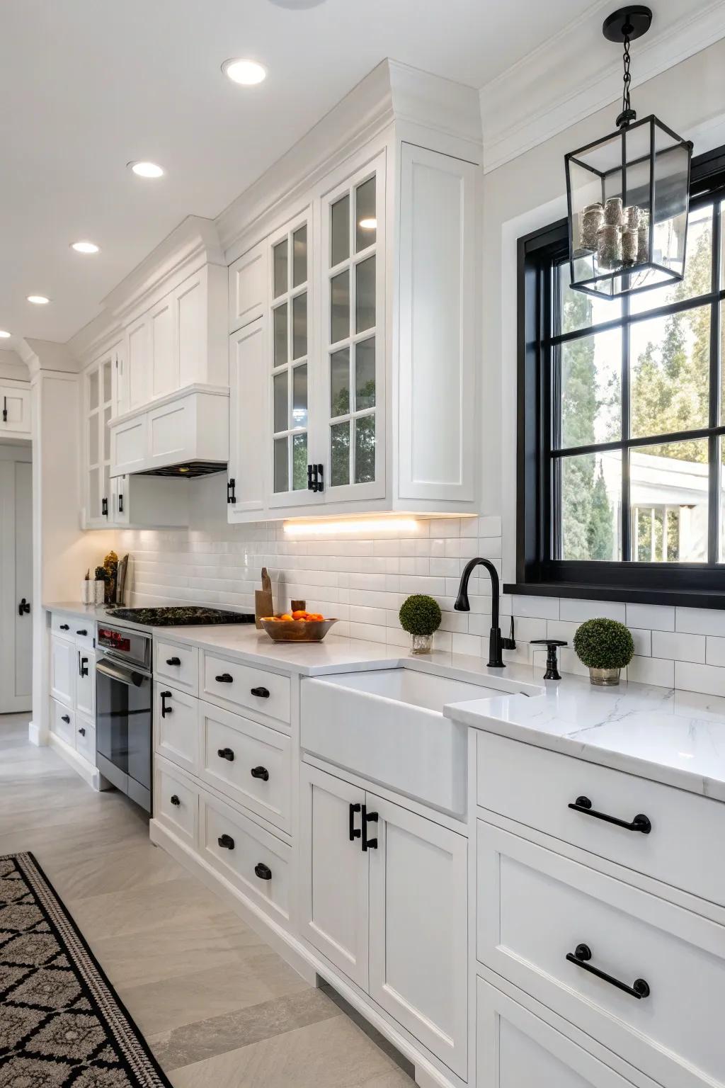 Ebony accents furnish a striking variation in this ageless white kitchen.
