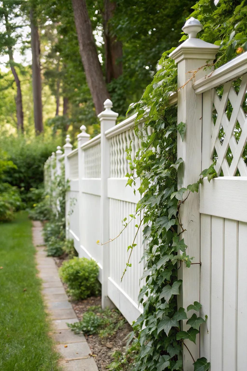 Espalier segments enable a white fence to metamorphose into a breathtaking vertical garden.