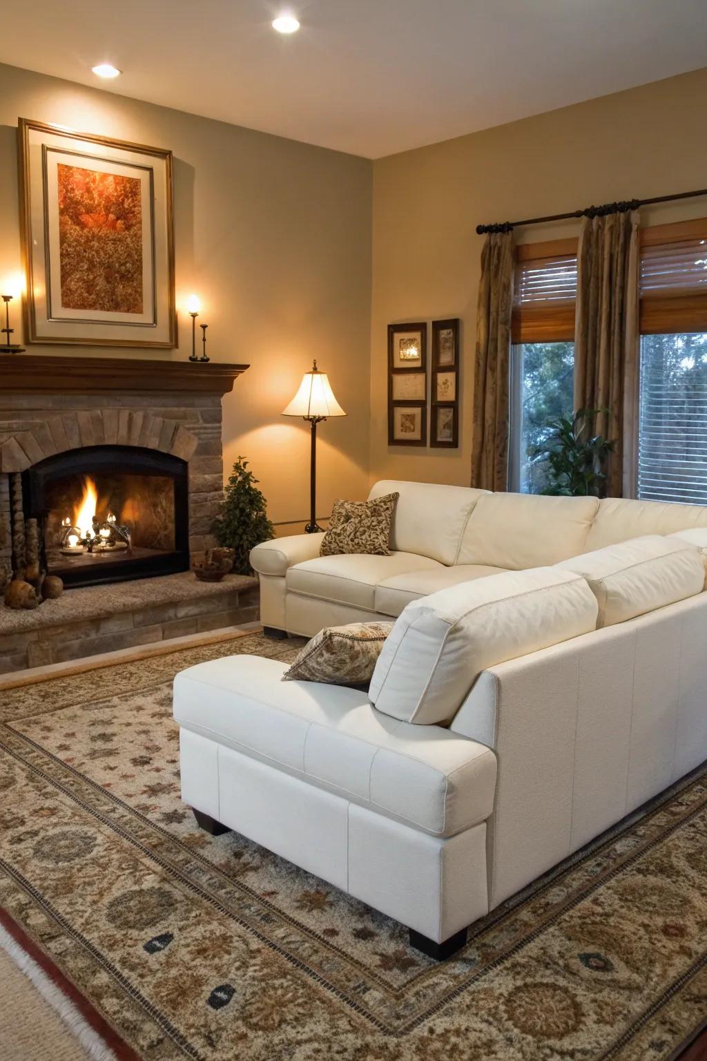 A snug hearth intensifies the warmth of a living space featuring a creamy white sectional.
