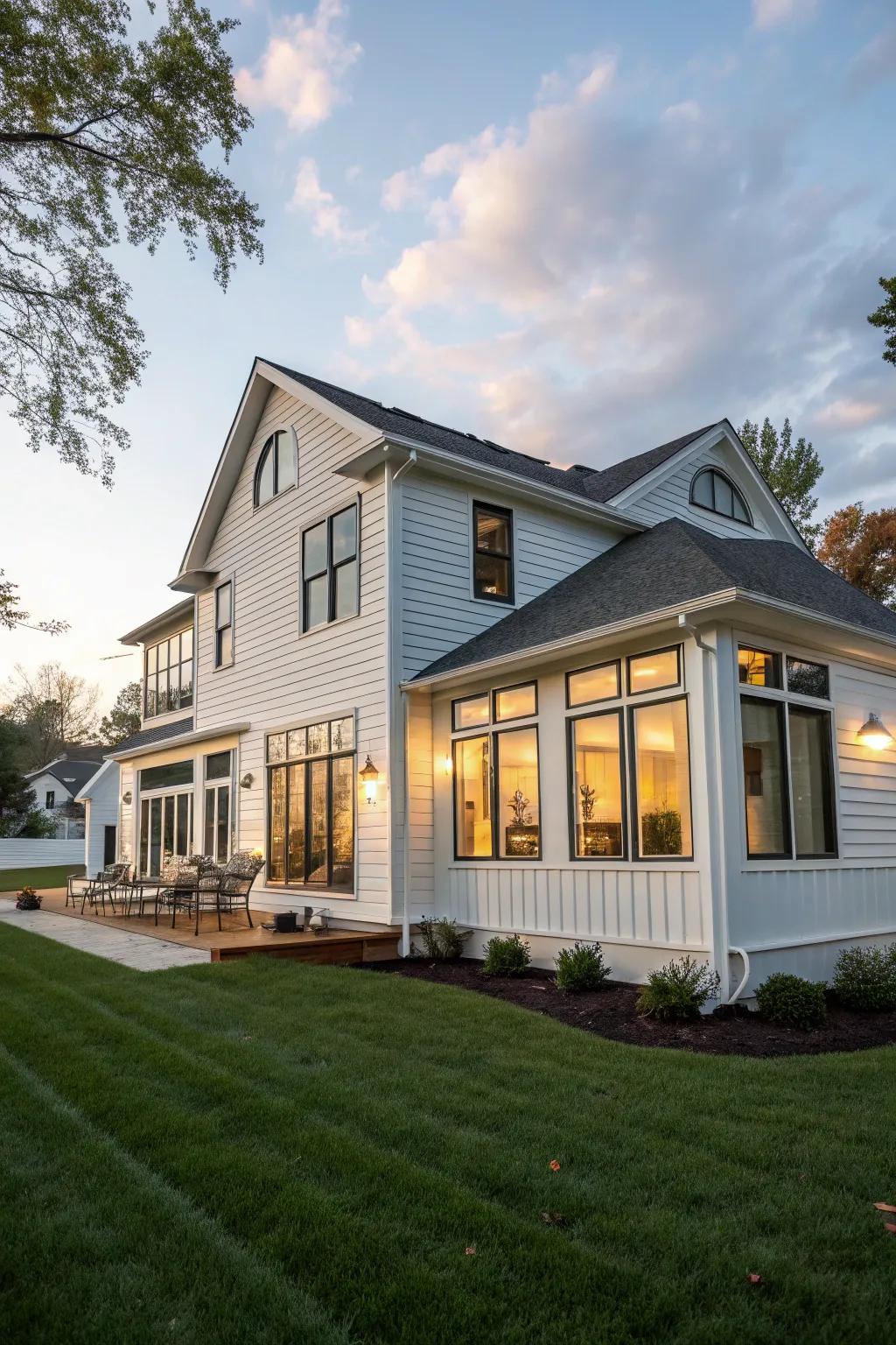 A house with expansive windows and white vinyl siding for a bright and airy feel.