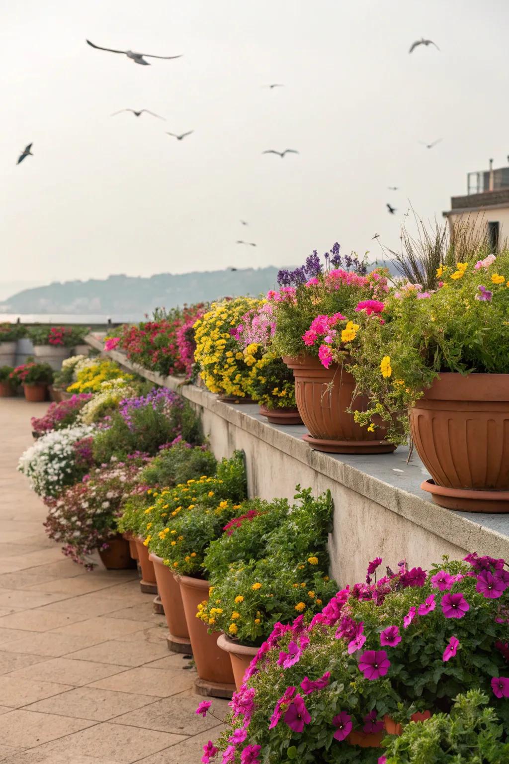 A vibrant wildflower container garden, ideal for compact areas.