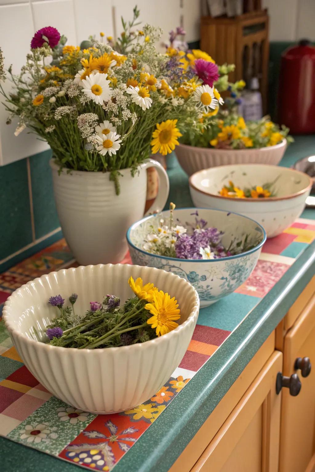 Eclectic ceramic bowls populated with wildflowers fashion a playful presentation.