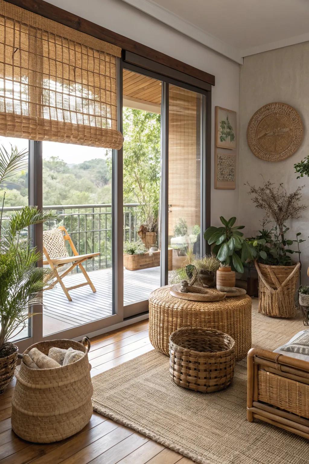 Cane window shades offer an eco-friendly and stylish touch.