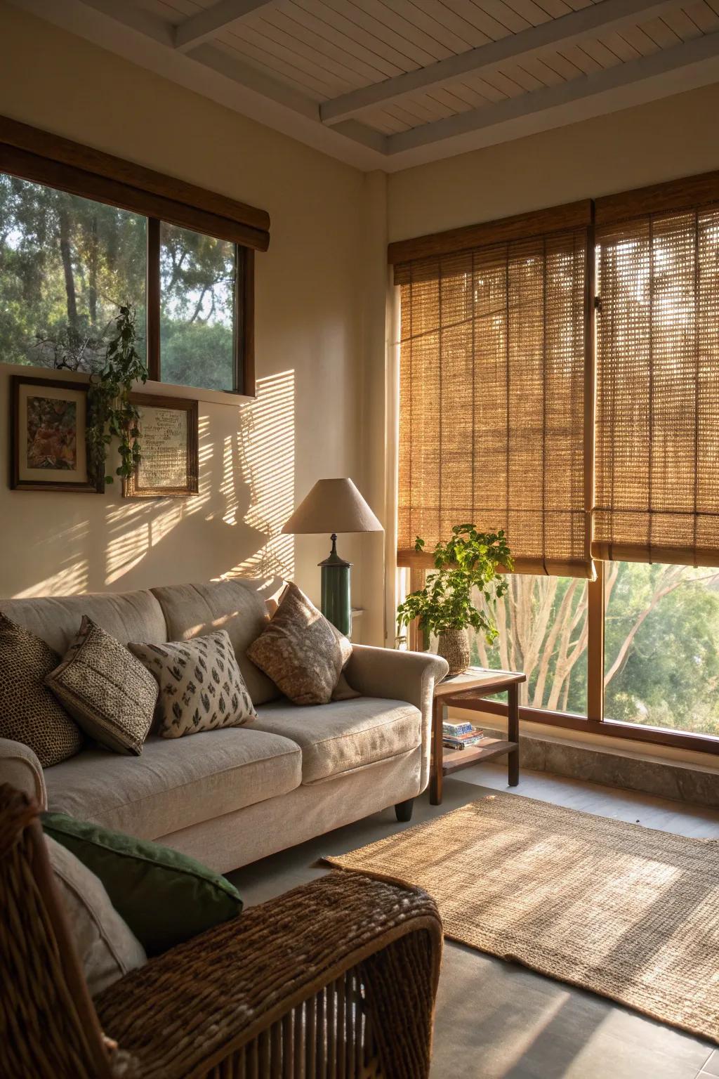 Cane slats bring organic warmth and seclusion.