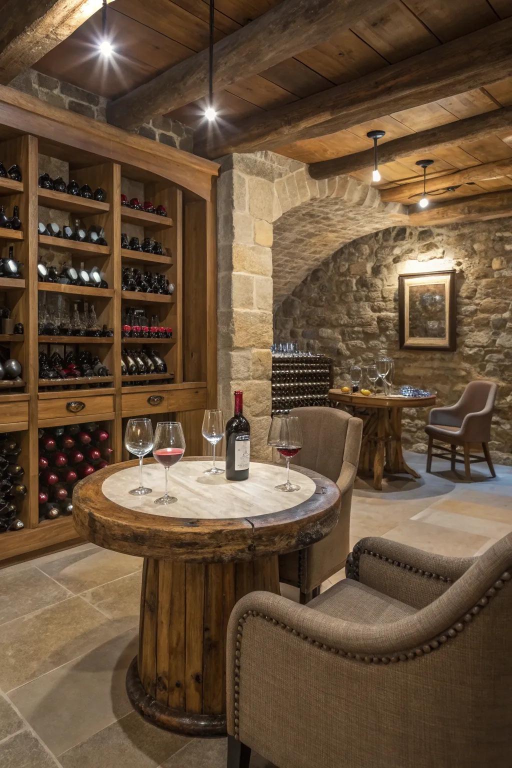 Wine cellar with an inviting sampling counter arrangement.